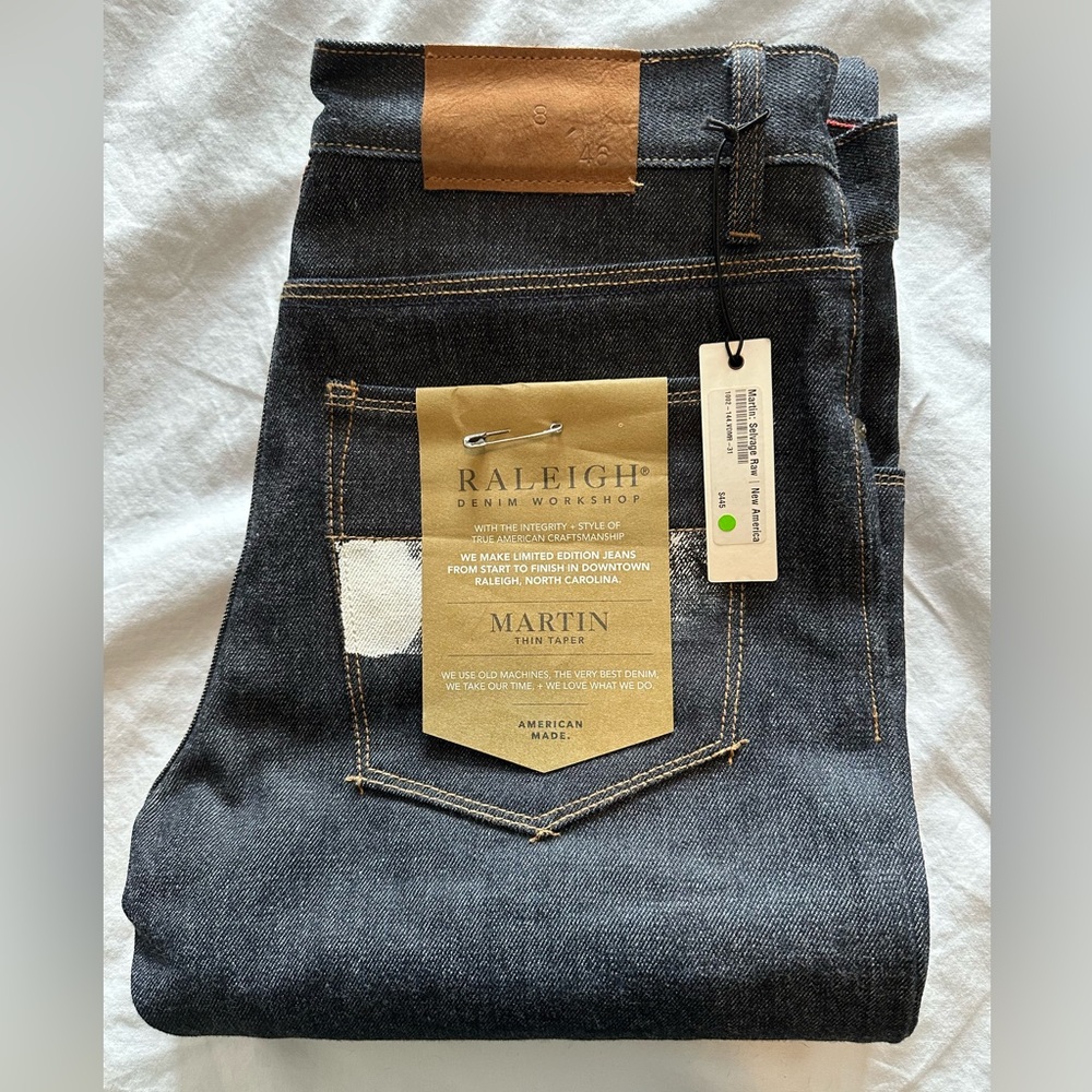 NWT Raleigh Denim Workshop Martin thin taper selvedge denim, size 31.